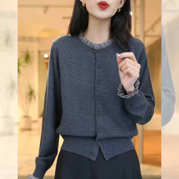 春秋新款木耳边针织开衫女洋气减龄毛衣外套气质百搭宽松显瘦上衣