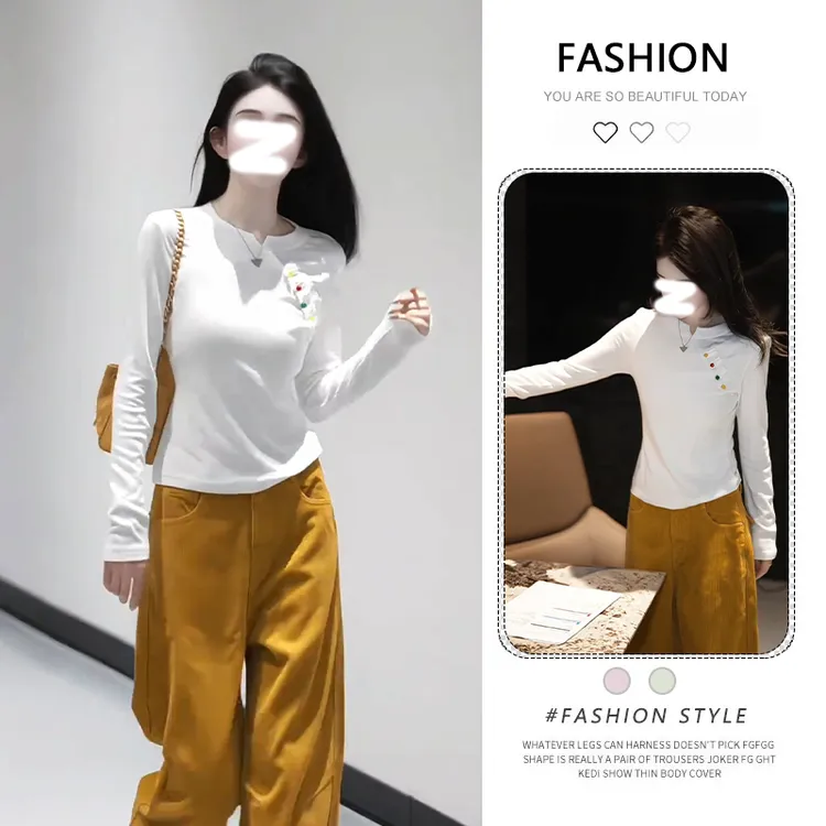 新中式女装国风立领白色长袖T恤女秋季新款小个子内搭打底衫上衣