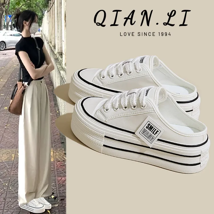 厚底5cm半拖鞋夏季懒人鞋休闲韩版透气帆布女鞋爆款通勤半托鞋子