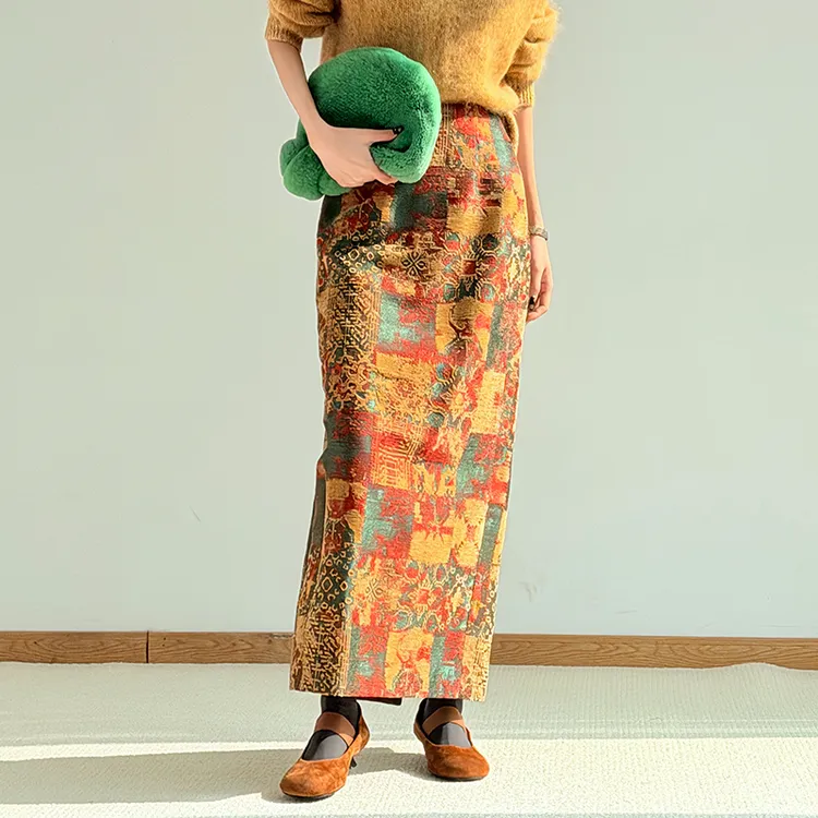 105BQ4070半身裙气质时尚百搭女士开叉提花复古休闲长款优雅裙子