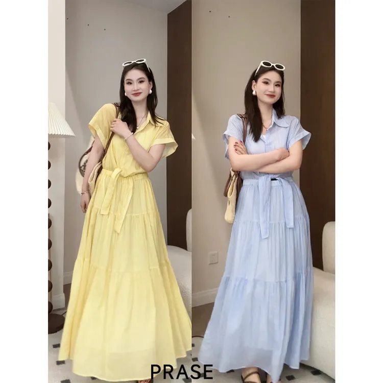 PRASE·噜【浪漫海岸】微胖轻奢设计款夏女天丝麻条纹连衣裙PR504B87
