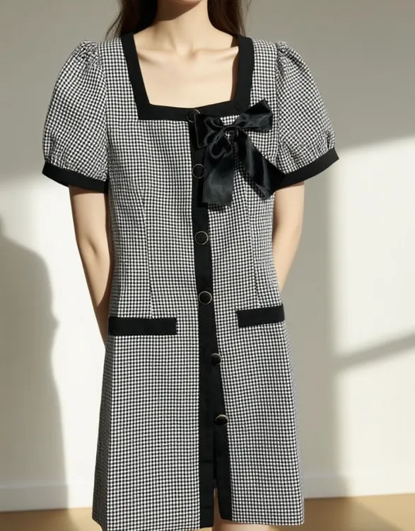 小香风连衣裙配可拆蝴蝶结夏季法式方领泡泡袖设计