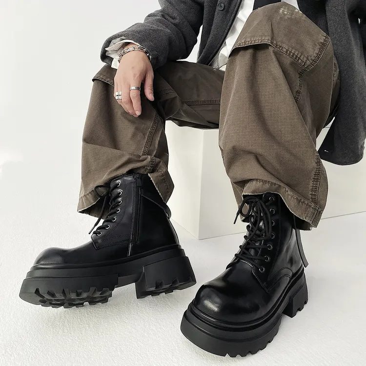 251529靴子鞋子马丁靴黑色厚款增高侧拉链短靴英伦风韩版系带高帮