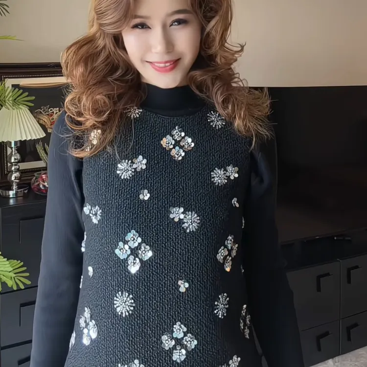 NarePason秋冬法式重工连衣裙+半高领针织毛衣套装（达）