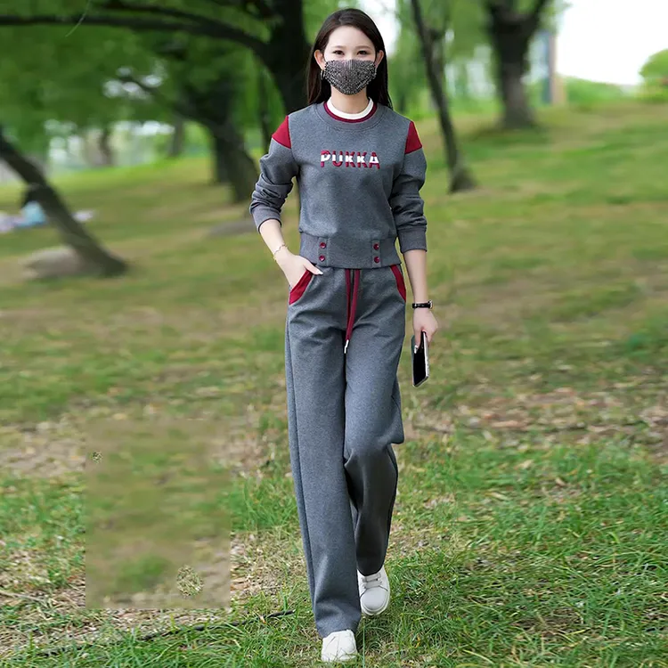 拉夏贝尔休闲圆领卫衣直筒裤两件套女春秋冬季新款拼色运动服套装