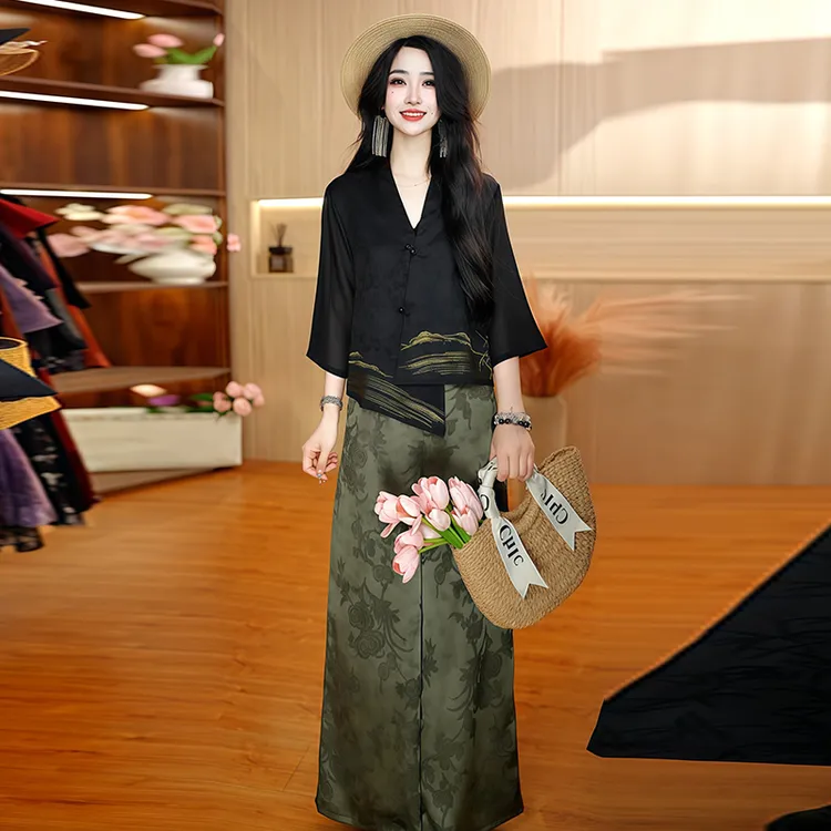 新中式休闲气质套装女2025年夏季新款宽松遮肉小衫阔腿长裤两件套