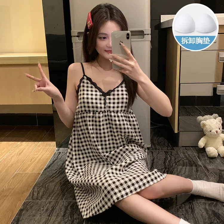 睡裙女2025新款夏季带胸垫家居服甜美格子少女中长款吊带裙子睡衣