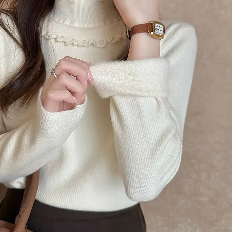 秋冬新款内搭加厚一体绒毛衣女木耳边半高领钉珠针织打底衫上衣潮