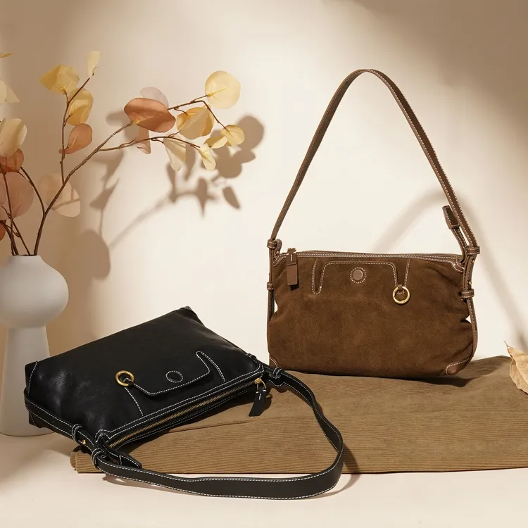 岩牛便携款单根复古风文艺风斜挎包休闲黑色小方包托特包YN3675