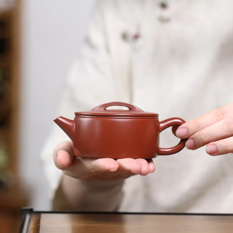 宜兴手工紫砂壶 原矿朱泥大口汉瓦壶130cc功夫茶具套装家用