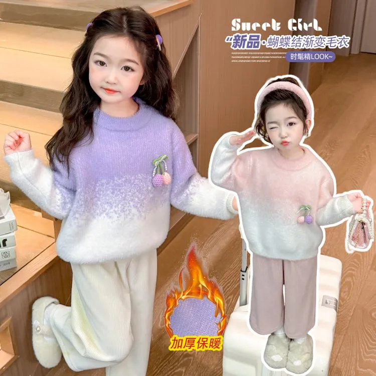 新款女中小童圆领毛衣秋款款渐变保暖打底衫2024简约时尚洋气休闲