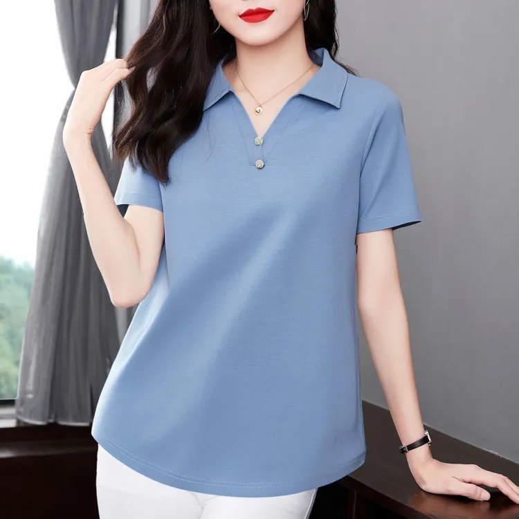大码正肩女t恤夏短袖上衣百搭衣服女2025新款爆款纯色翻领上衣