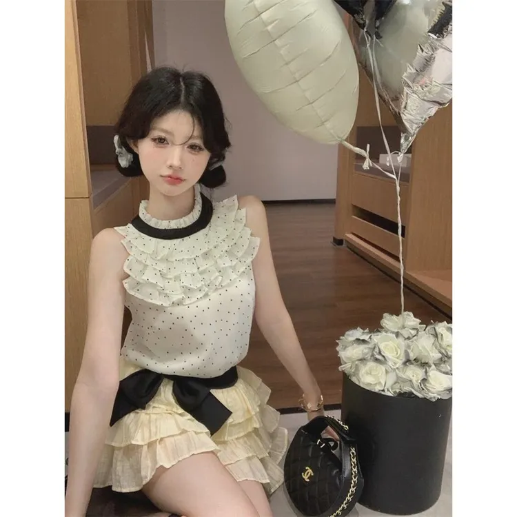 甜美波点雪纺无袖上衣女夏季绝美别致小背心蝴蝶结蛋糕半身裙套装