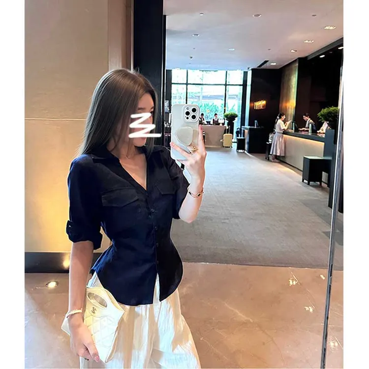 2高智感亚麻中袖正肩收腰衬衫御姐风后背绑带收腰V领翻领衬衣女