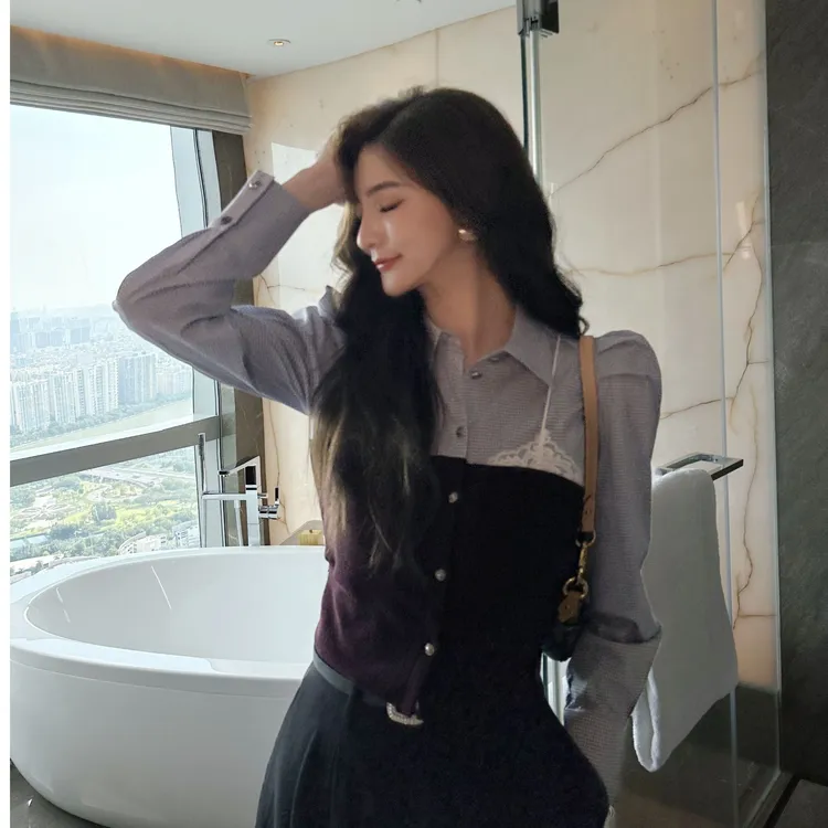 COCO BECCI【海德小姐】黑白格纹简约休闲假两件衬衫CFXYC211042