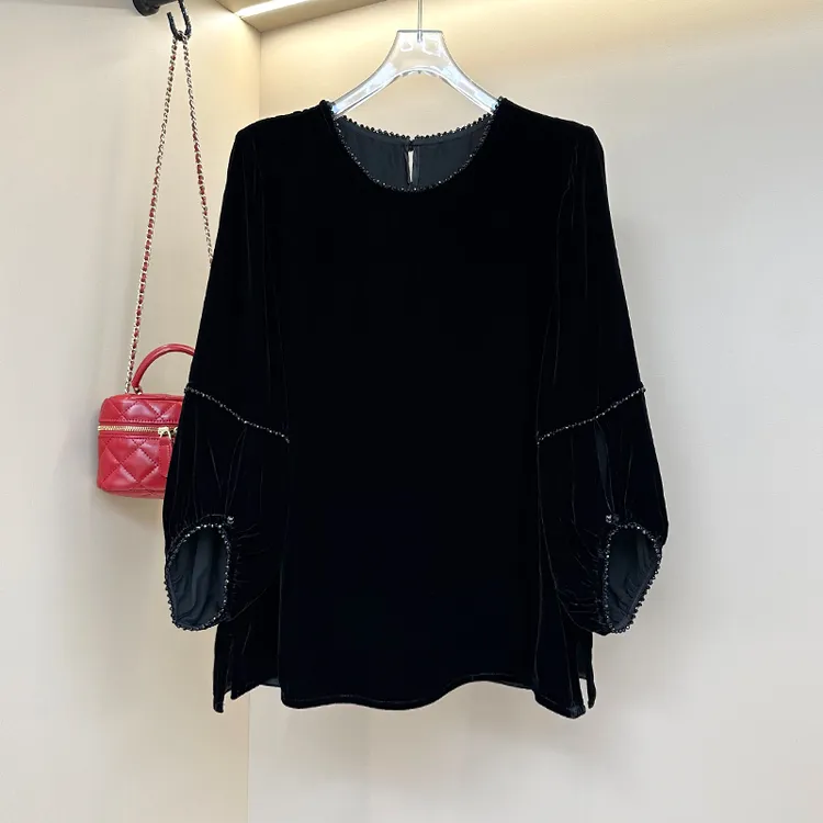 100桑蚕丝真丝丝绒钉珠衬衫夏季极简风新中式气质遮肉显瘦宽松女