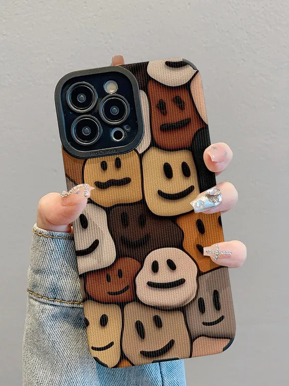 小众笑脸表情适用苹果16pro手机壳皮纹硅胶防摔ins网红同款高级感