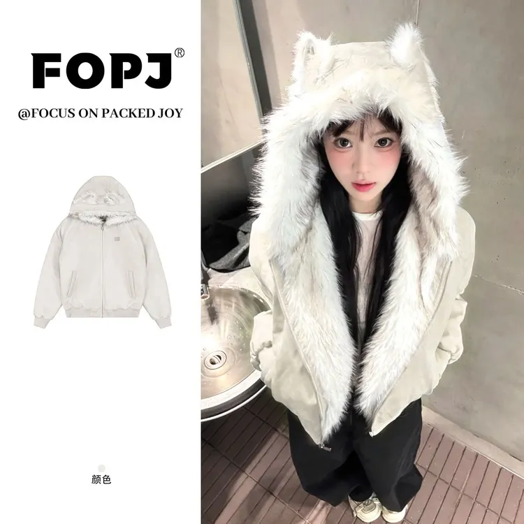 FOPJ刺绣款秋冬新款毛茸茸猫耳朵毛领棉服外套女保暖加厚棉袄棉衣
