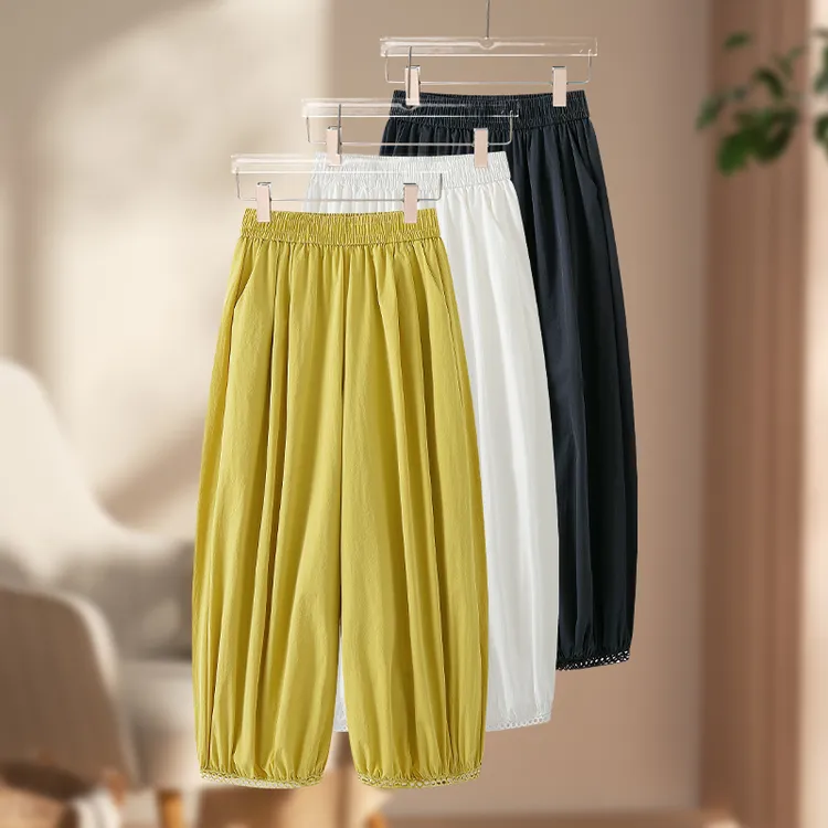 夏季新宽松大脚花边阔腿灯笼裤女高腰休闲小个子空气感薄款九分裤