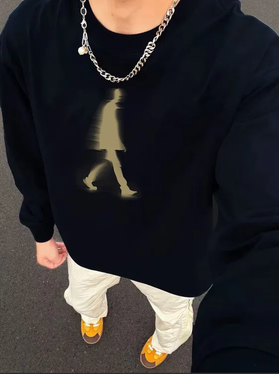 男重磅纯棉秋冬上衣长袖T恤美式潮流设计感人影痞帅长袖打底T恤男