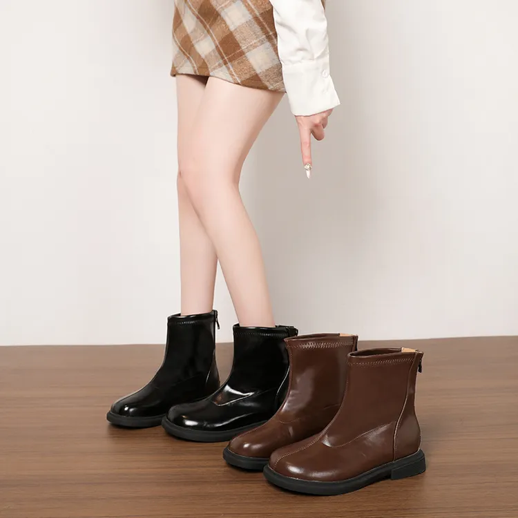 【诺一家加宽加肥大码女鞋】圆头平底短靴秋冬季切尔西百搭复古短靴