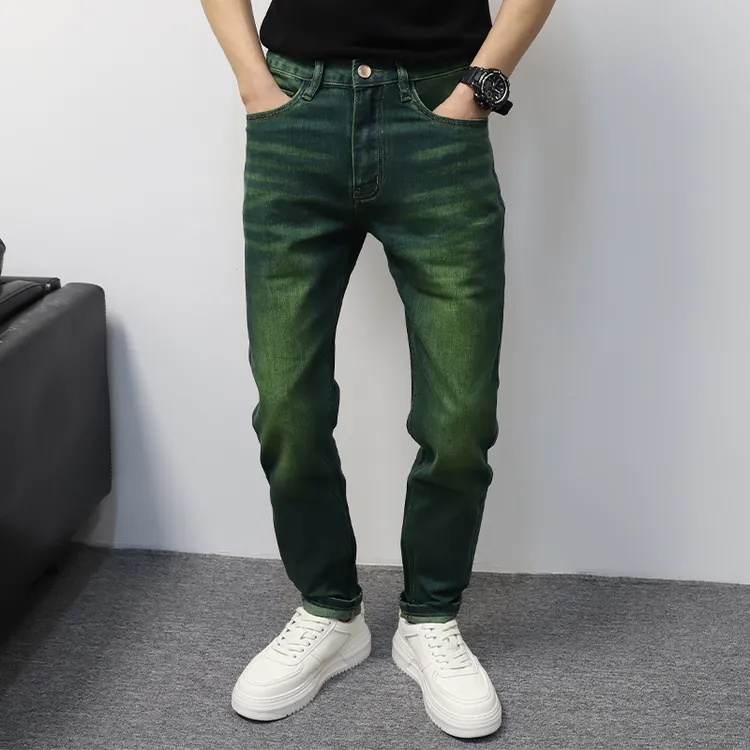复古绿牛仔裤男修身小脚个性潮流2025春季新品裤子流行时尚长裤
