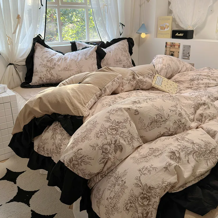 A类法式浪漫花边款四件套韩版田园碎花水洗棉1.8床单床笠床裙套件