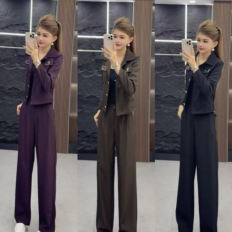 秋款0737 气质减龄单排扣翻领上衣外套 加 长裤 两件套