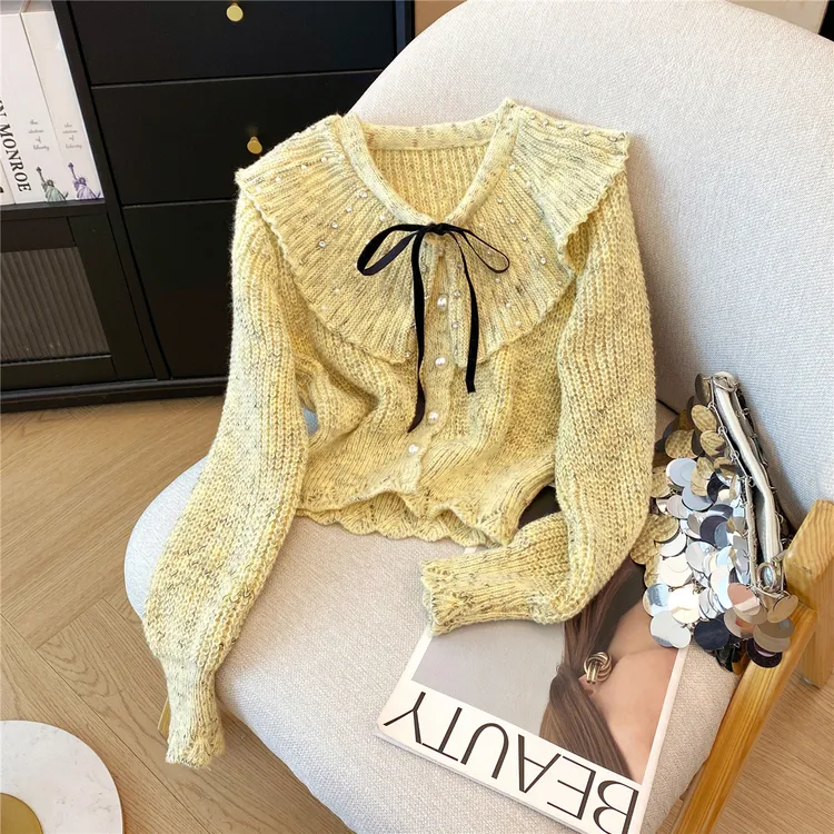 甜美减龄海军领毛衣女秋冬新款高级感重工镶钻小众短款上衣