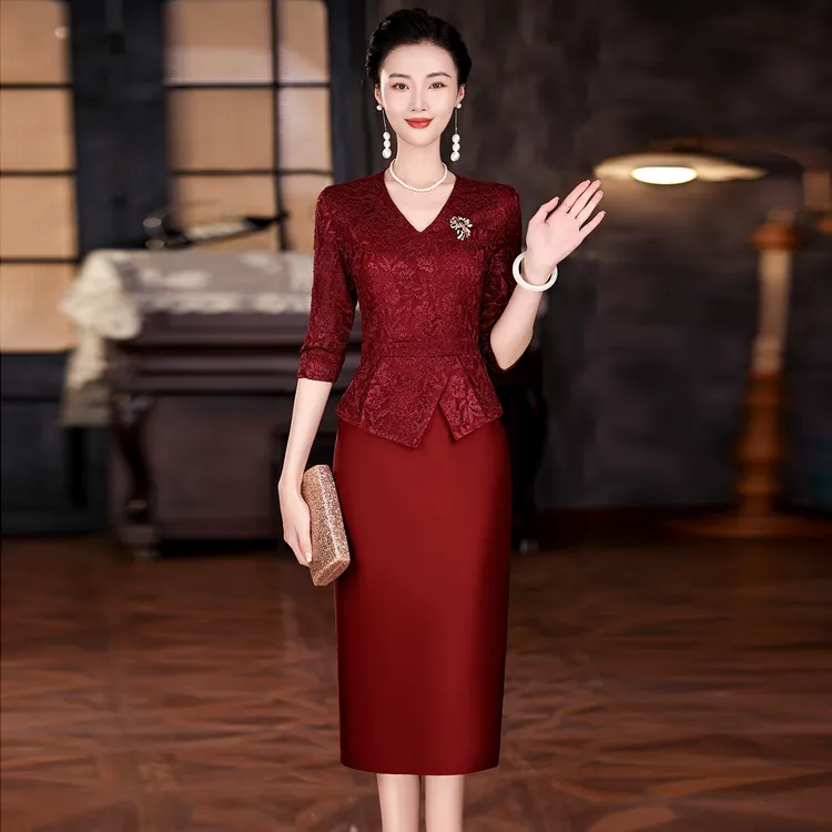 十一国庆2025新款喜妈妈装假两件秋款婚宴礼服裙高贵气质旗袍