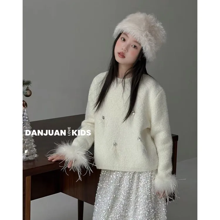 花田涧原创童装2025秋冬装新款女童厚毛衣儿童亮片半身裙上衣套装