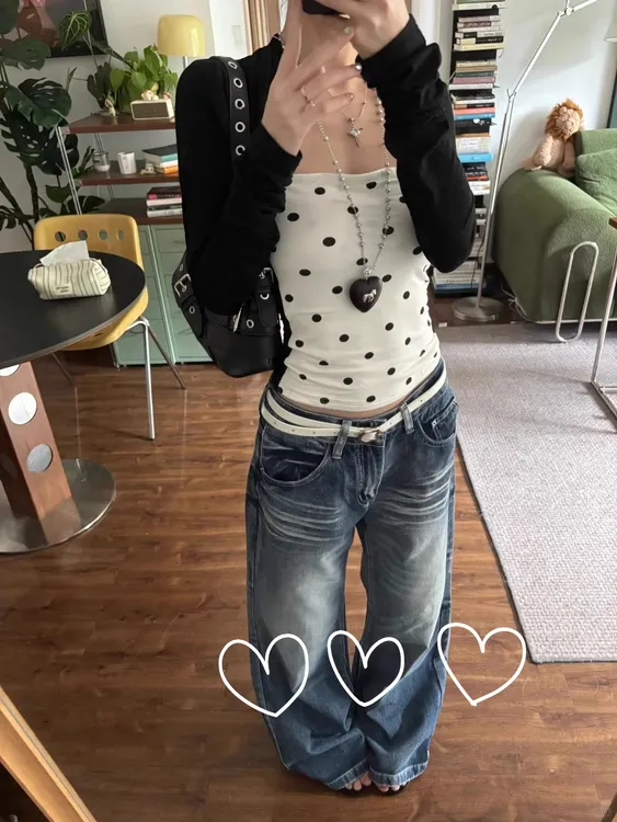 高级感巨好看假两件波点撞色正肩长袖t恤女秋季独特别致抹胸上衣