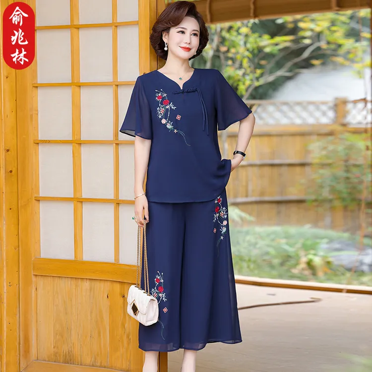 俞兆林妈妈夏装新中式雪纺套装喜婆婆奶奶装夏季婚宴短袖T恤上衣