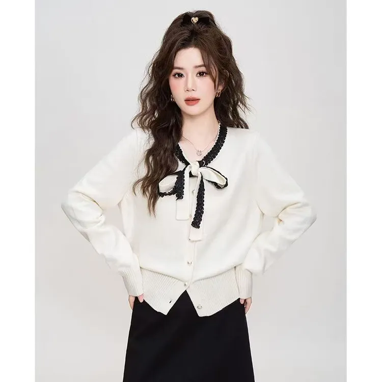 法式温柔2025新款针织衫甜美蝴蝶结毛衣系带秋冬开衫外套小众上衣