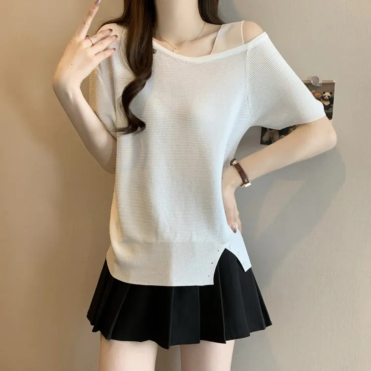 2025夏季新款大码露肩冰丝短袖T恤女微胖妹妹设计感百搭显瘦上衣