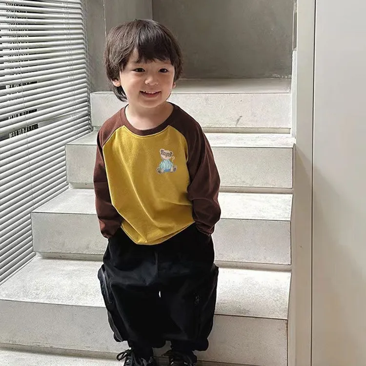 纯棉儿童洋气打底衫男童女童春秋薄款撞色拼接中小童长袖T恤炸街T