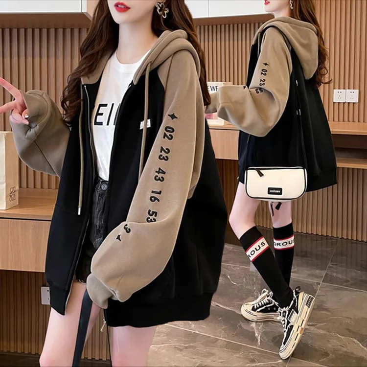 拼色连帽设计感拉链大码卫衣女秋冬新款韩版宽松百搭加绒开衫外套