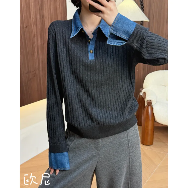 欧尼私服 2025秋季新款牛仔拼接polo领羊毛针织上衣2509C6176
