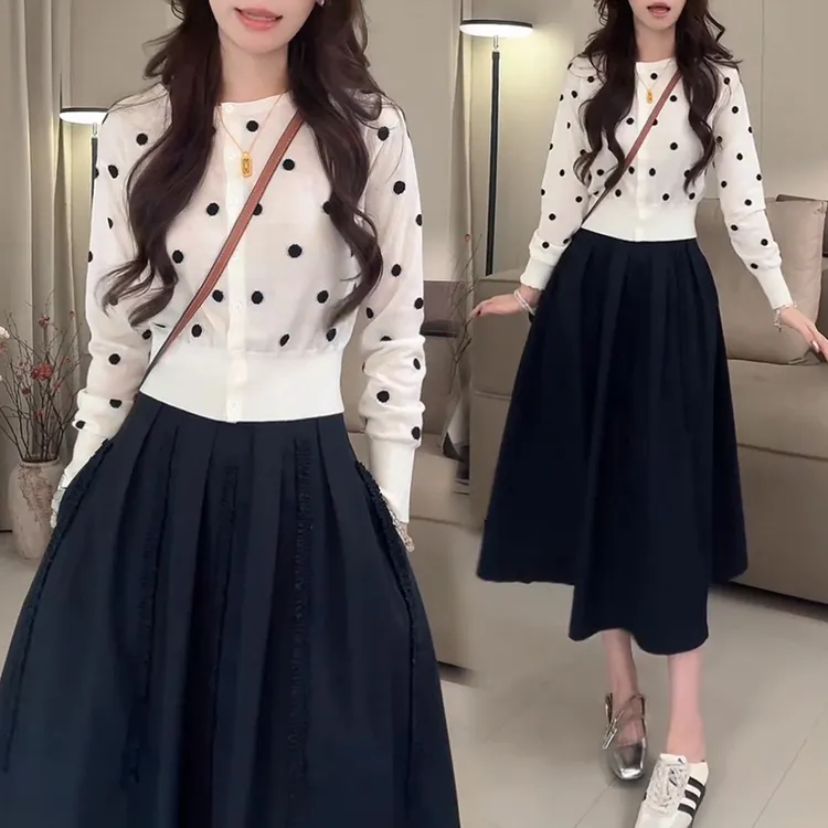 网红洋气减龄套装女2026年春秋新款波点针织长袖外套半身裙两件套