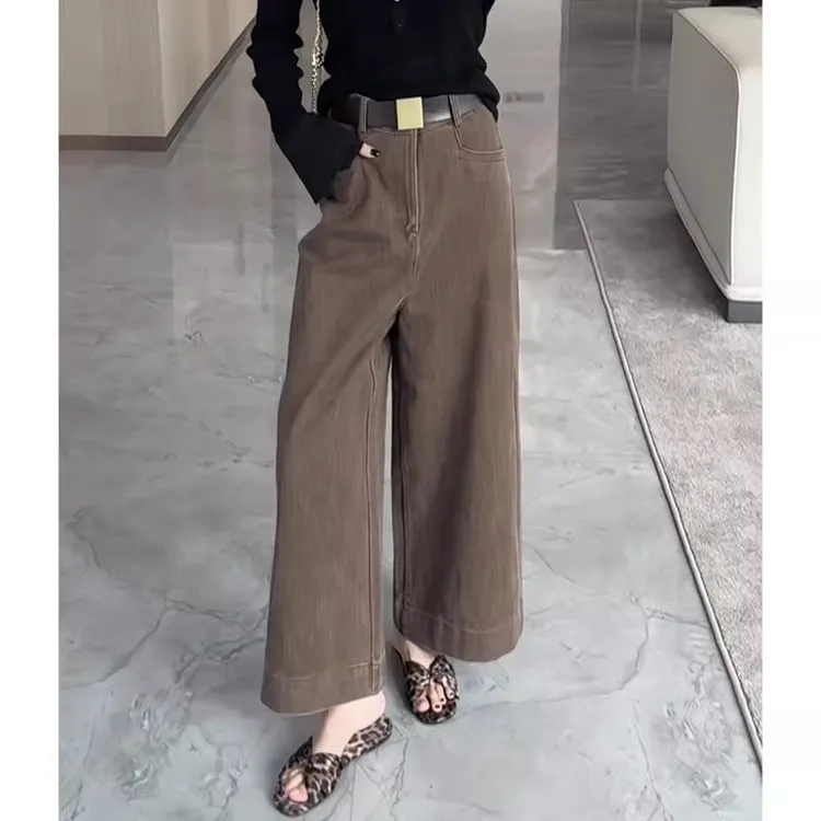 咖啡色阔腿牛仔裤女2025新款秋季窄版高腰复古宽松显瘦百搭直筒裤