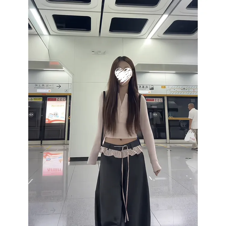【心情mm】修身短款长袖T恤女60528+条纹花边休闲裤女宽松阔腿裤套装 60655