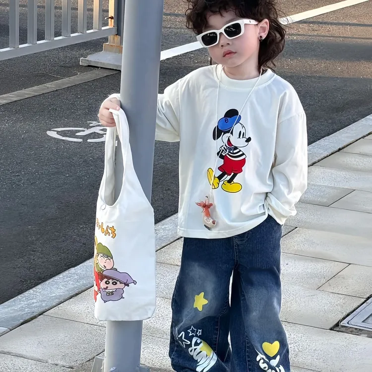 秋季儿童套装印花T恤牛仔裤两件套男童裤子女童卡通宽松休闲春秋