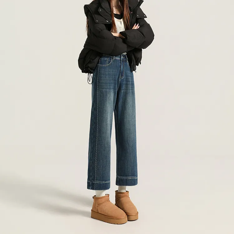 加绒加厚冬新款小个子弹力直筒牛仔裤女高腰百搭小个子八九分烟管