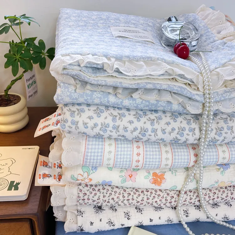 全棉A类纱布午睡盖毯办公室沙发毯子空调被幼儿园儿童花边小盖被