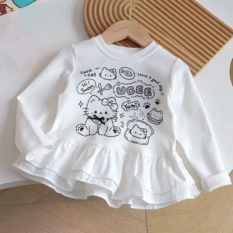女童秋季T恤衫2025新款卡通猫咪印花甜美拼接萌趣裙摆可爱上衣衫