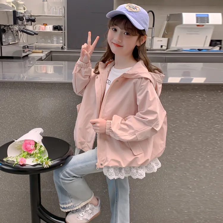 女童秋装外套2025新款儿童洋气女孩春秋季连帽蕾丝边夹克甜美上衣
