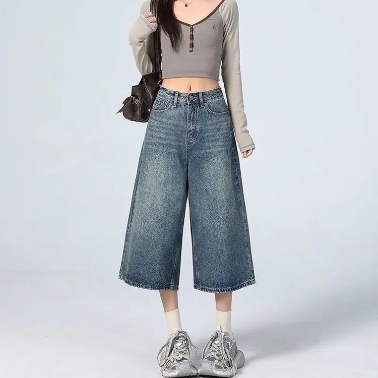 美式复古七分牛仔裤女夏季薄款2025新款高腰宽松直筒短裤阔腿裤子