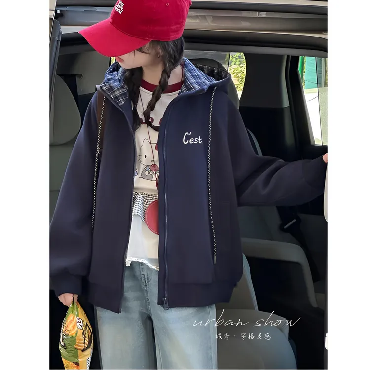 女童外套秋装2025新款女大童洋气时髦连帽卫衣宽松休闲拉链衫开衫