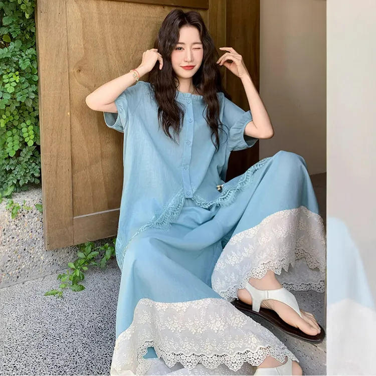 夏季新款宽松短袖阔腿裤套装女复古文艺气质休闲时尚薄款