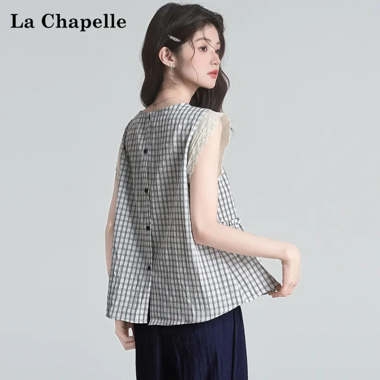 拉夏贝尔新款韩版时尚圆领格子无袖衬衫女宽松显瘦百搭减龄上衣潮